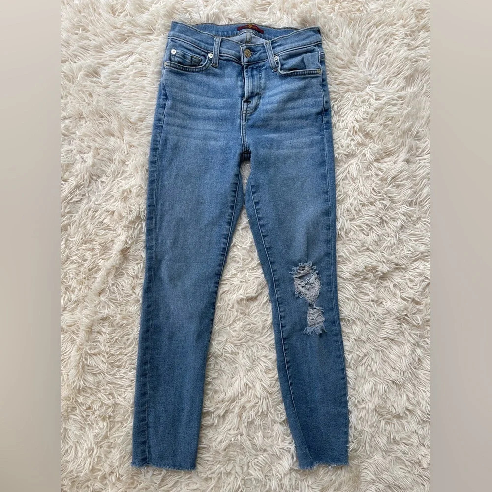 7 for all Mankind Jeans Blue Roxanne Ankle knee distressed mid rise slim fit 25